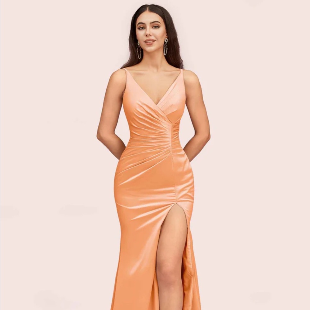 Sexy Mermaid V-Neck Side Slit Long Soft Satin Bridesmaid Dresses